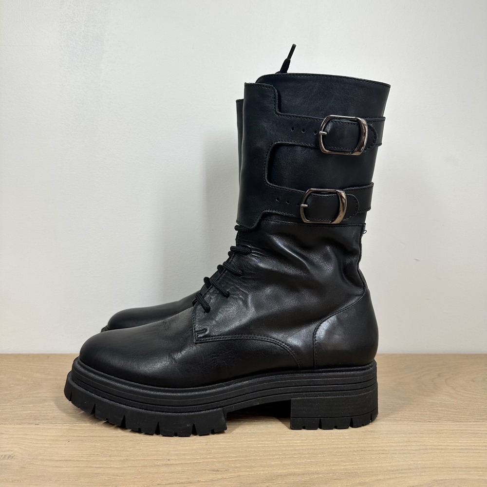 8 by YOOX Combat Boots Womens 8 Black Leather Buckle Lace Up Lug Sole Biker